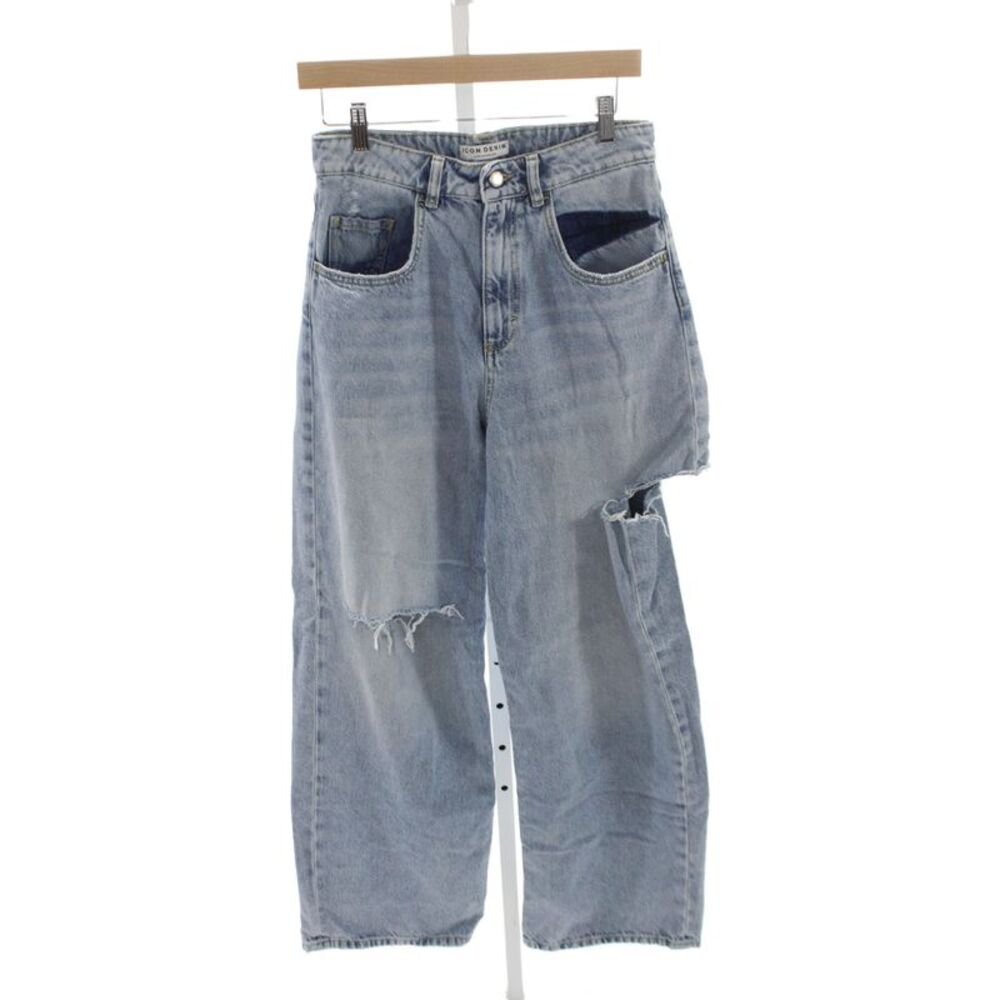 Icon Denim Women Wide-Leg Jeans Blue Distressed Cotton Mid Rise 28in Size 27